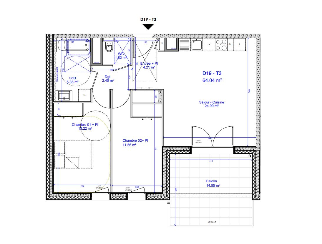 Appartement 3 pièces - 64m²