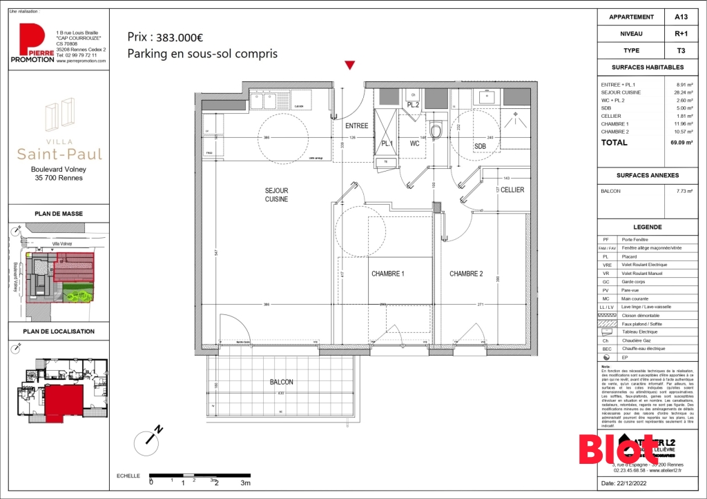 Appartement 3 pièces - 69m² - RENNES