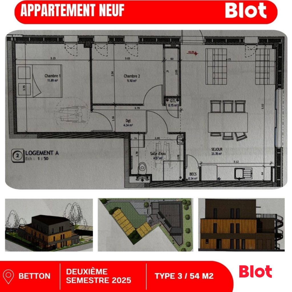 Appartement 3 pièces - 54m² - BETTON