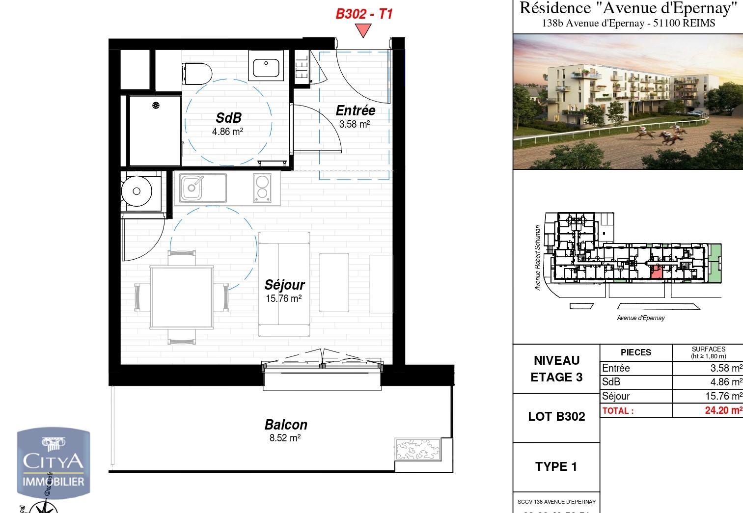 Appartement 1 pièce - 24m² - REIMS