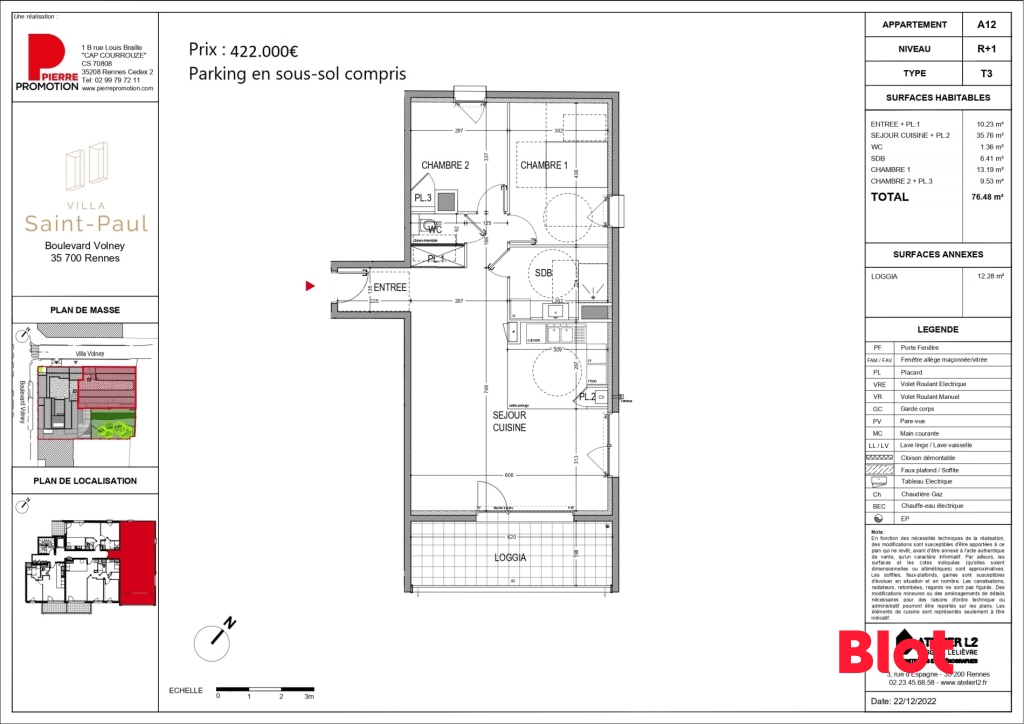 Appartement 3 pièces - 76m² - RENNES