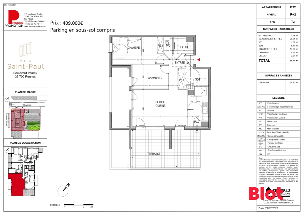 Appartement 3 pièces - 69m² - RENNES