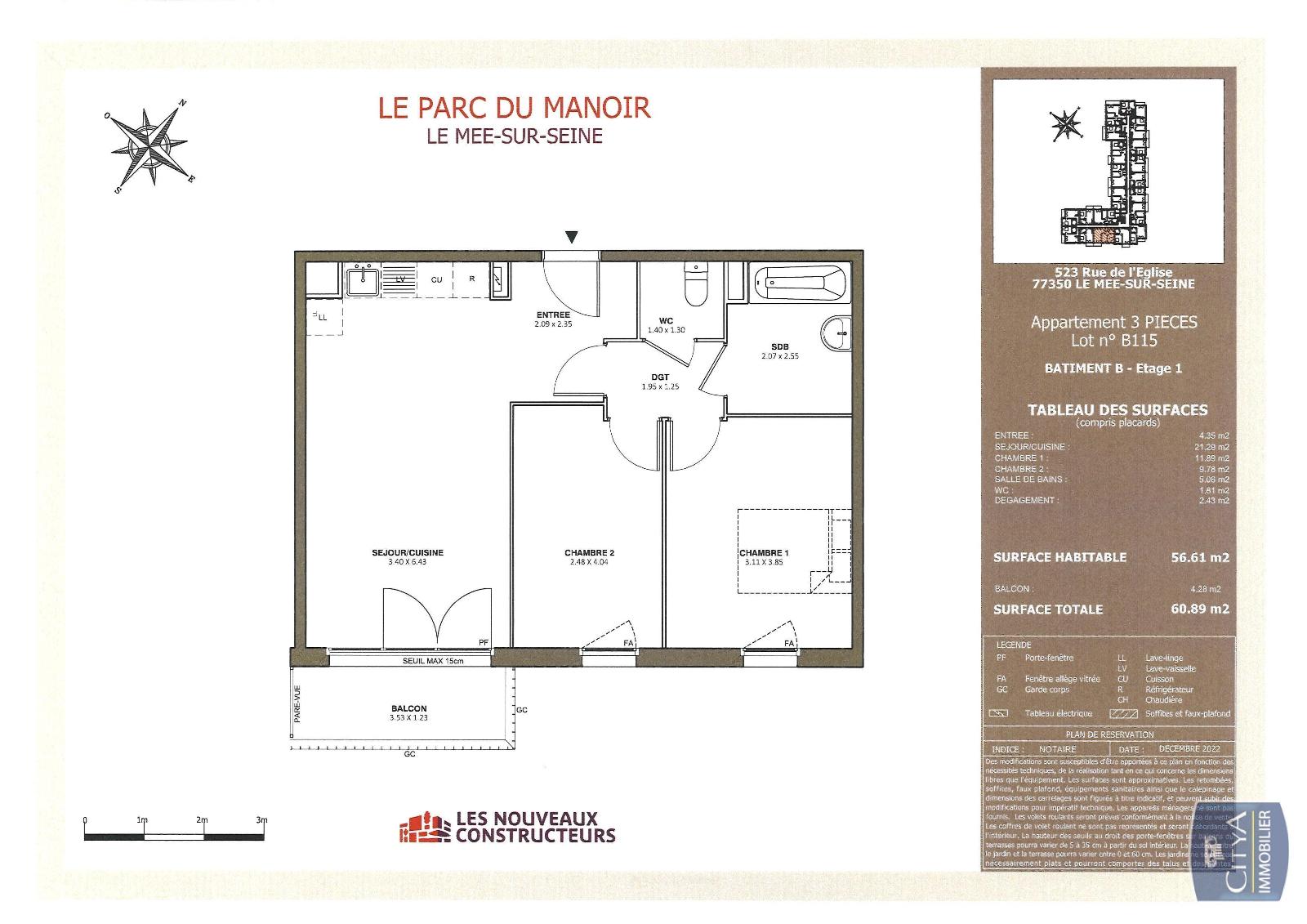 Appartement 3 pièces 56m² LE MEE SUR SEINE 77350