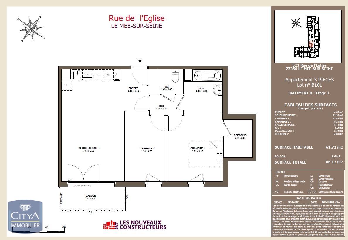 Appartement 3 pièces 61m² LE MEE SUR SEINE 77350