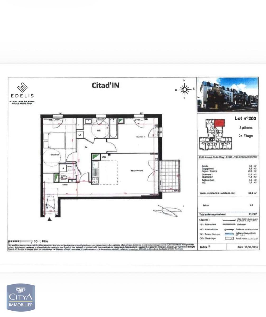 Appartement 3 pièces 66m² VILLIERS SUR MARNE 94350